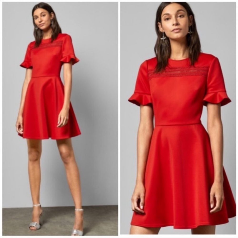 Ted Baker Red Fit & Flare Lace-Yoke Mini Dress 'Calizee'